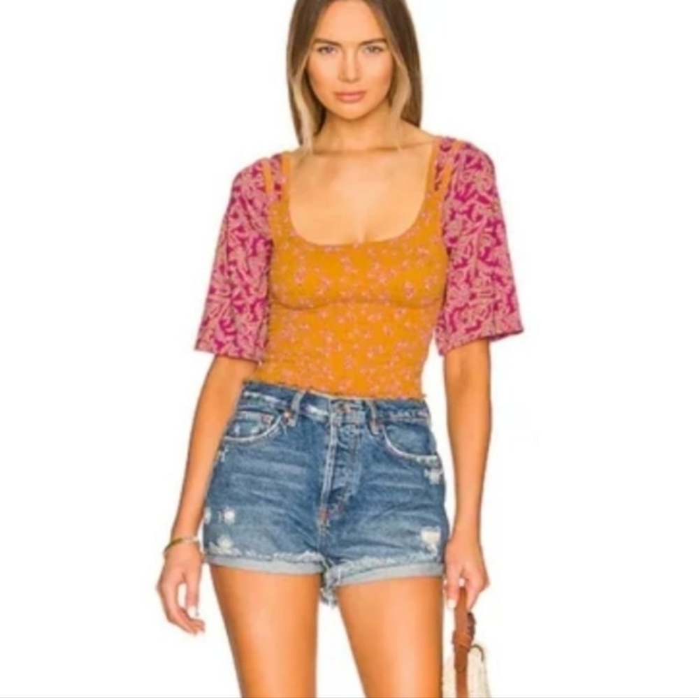 Free People Marigold and Pink Smocked Crop Blouse L - Picture 2 of 8